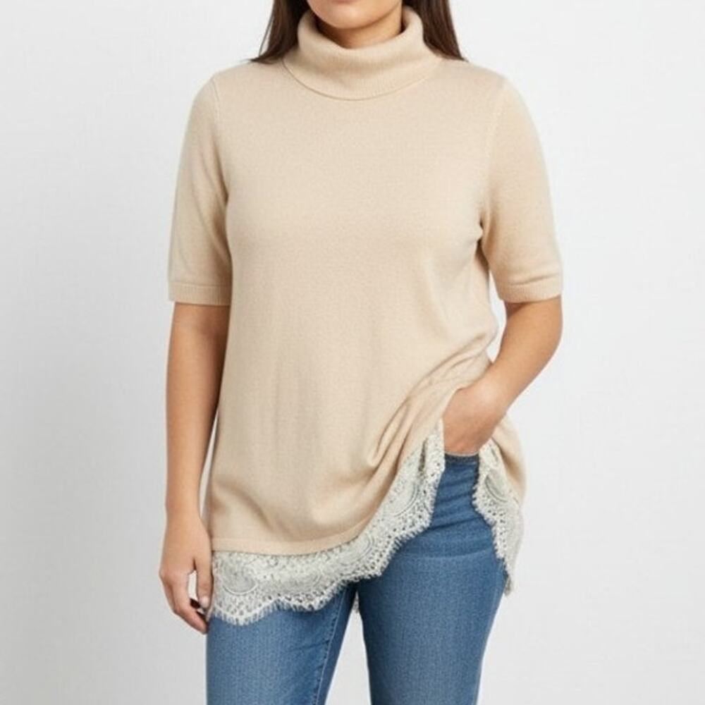 Apt. 9 Womens Long Sweater Short Sleeve Lace Hem Cowl Neck Medium